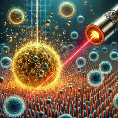 Image depicting optoporation, focusing on laser interactions with gold nanoparticles near biological cells